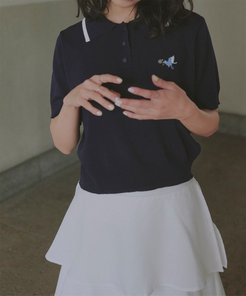 セール】胸元刺繍バイカラーポロニットトップス（ニット/セーター