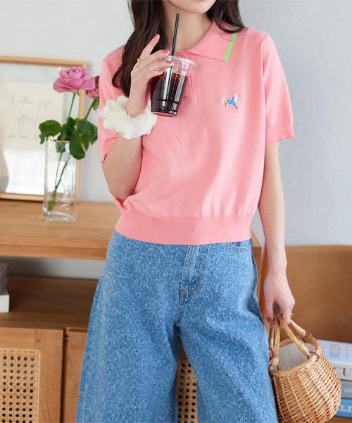 胸元刺繍バイカラーポロニットトップス（ニット/セーター）｜KOBE