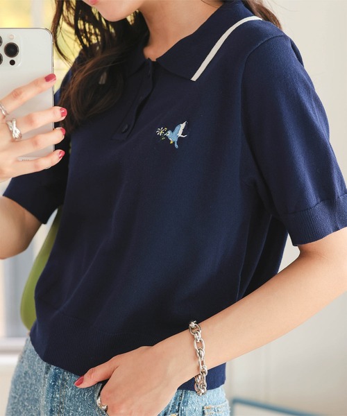セール】胸元刺繍バイカラーポロニットトップス（ニット/セーター