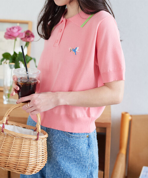 セール】胸元刺繍バイカラーポロニットトップス（ニット/セーター
