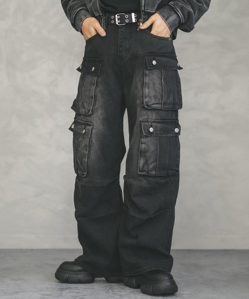 セール】Black vintage wash denim cargo pants / ブラック