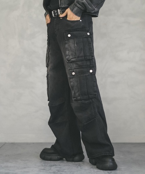 セール】Black vintage wash denim cargo pants / ブラック