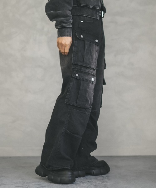 り*読様 ヘビーウェイトヴィンテージデザインカーゴ パンツ ヴィンテージブラック セール】Black vintage wash denim cargo pants / ブラック