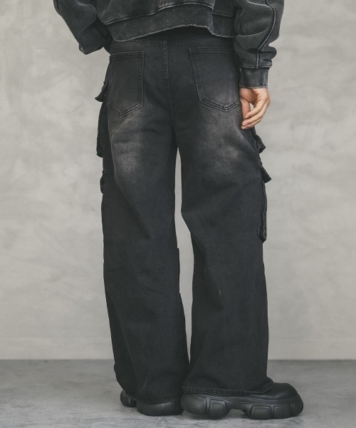 セール】Black vintage wash denim cargo pants / ブラック