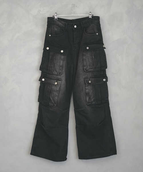 セール】Black vintage wash denim cargo pants / ブラック