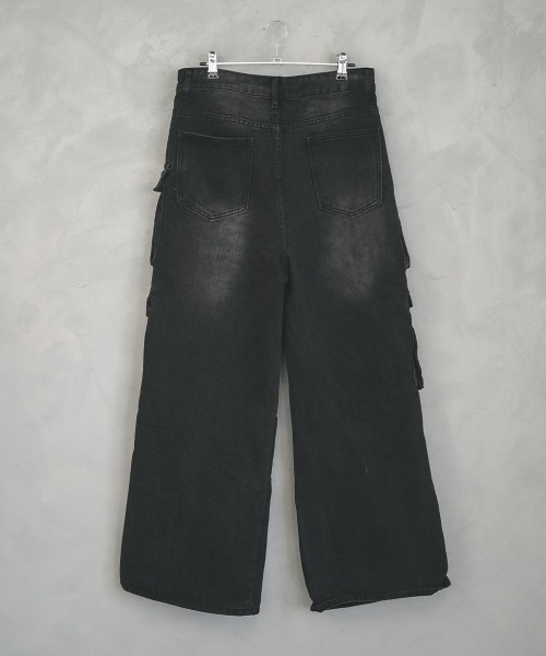 セール】Black vintage wash denim cargo pants / ブラック