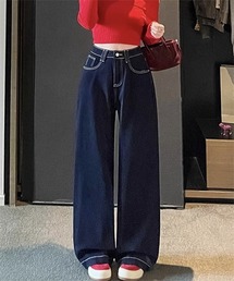 ステッチ配色ワイドデニムパンツ