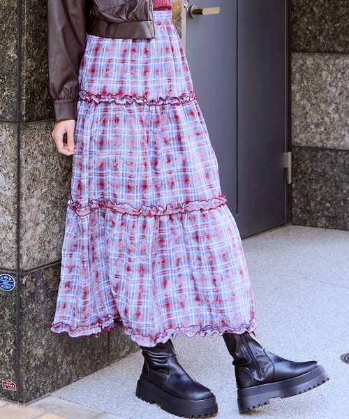GORGE（ゴージ）の「《チェック柄×ティアードデザイン》レディース ロングスカート 体型カバー 春夏秋（スカート・レディース・レッド/ブラウン・F）」の2枚目の写真