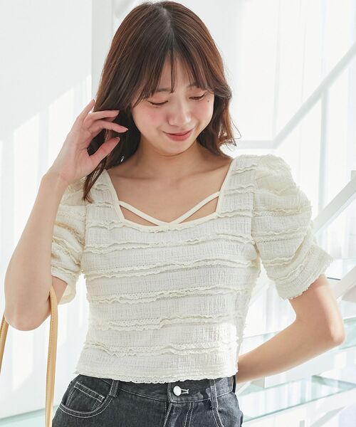 MAJESTIC LEGON（マジェスティックレゴン）の「前後2wayカットレースフリルカーデ（カーディガン/ボレロ・レディース・ピンク/ブラック/アイボリー・MEDIUM）」の7枚目の写真