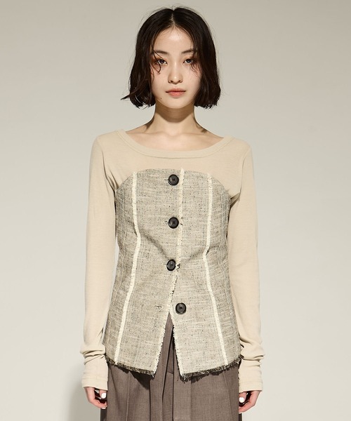 STUDIOUS（ステュディオス）の「【STUDIOUS/ステュディオス】Silk Linen Bustier Combi Top/シルクリネンビスチェコンビトップス（Tシャツ/カットソー・レディース・ベージュ/ブラック・FREE）」の5枚目の写真