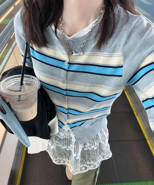 HALEY PESCA(ヘーリーペスカ)の「HALEY PESCA/ミックスボーダーカーディガン(カーディガン/ボレロ・レディース・グレー/アイボリー/ブラック・FREE)」の3枚目の写真