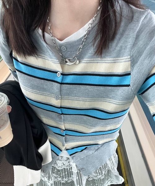 HALEY PESCA(ヘーリーペスカ)の「HALEY PESCA/ミックスボーダーカーディガン(カーディガン/ボレロ・レディース・グレー/アイボリー/ブラック・FREE)」の5枚目の写真