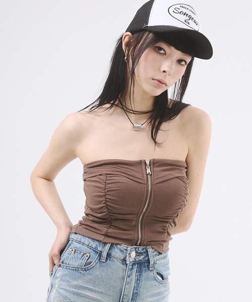 d.i.a.(ダイヤ)の「センタージップギャザー カップインベアトップ(Tシャツ/カットソー・レディース・モカ/ホワイト/ブラック・FREE)」の3枚目の写真