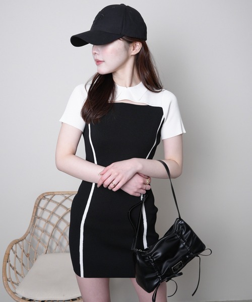 LIP SERVICE チェックジャガードデコルテオープンワンピース　ブラック LIP SERVICE（リップサービス）｜ チェックジャガードデコルテオープン