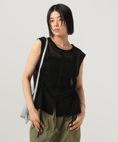 BAYFLOW（ベイフロー）の「フロントシャーリングノースリーブニット（ニット/セーター・レディース・ブラック/オフホワイト/オレンジ・FREE）」の3枚目の写真