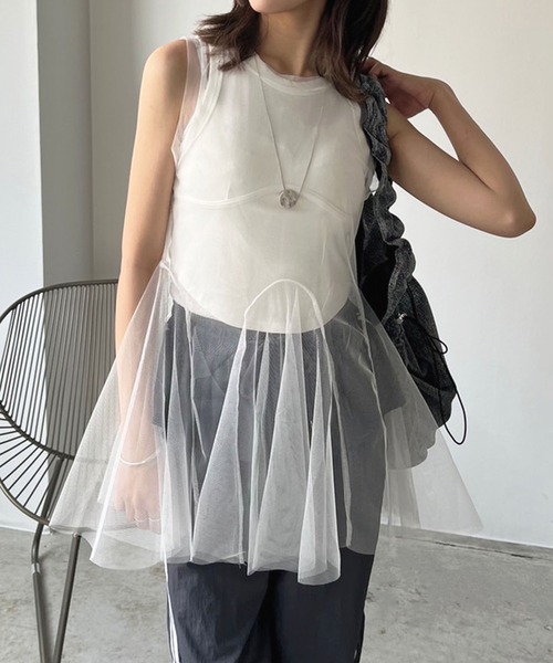Jewelobe(ジュエローブ)の「シアーチュールパネルペプラムチュニック(チュニック・レディース・ブラック/ホワイト/ピンク・FREE)」の5枚目の写真