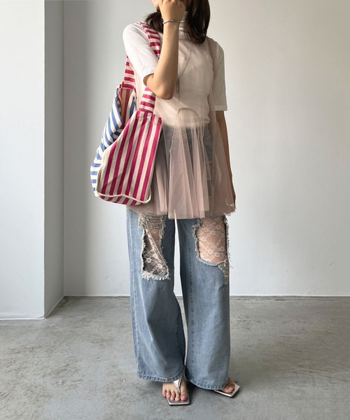 Jewelobe(ジュエローブ)の「シアーチュールパネルペプラムチュニック(チュニック・レディース・ブラック/ホワイト/ピンク・FREE)」の17枚目の写真
