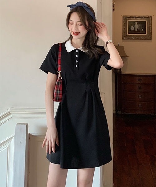 Mayree(メイリー)の「【Mayree】ポロ風 ハートボタン 半袖 ミニ丈 ワンピース(ワンピース・レディース・ブラック・SMALL/MEDIUM/LARGE)」の1枚目の写真