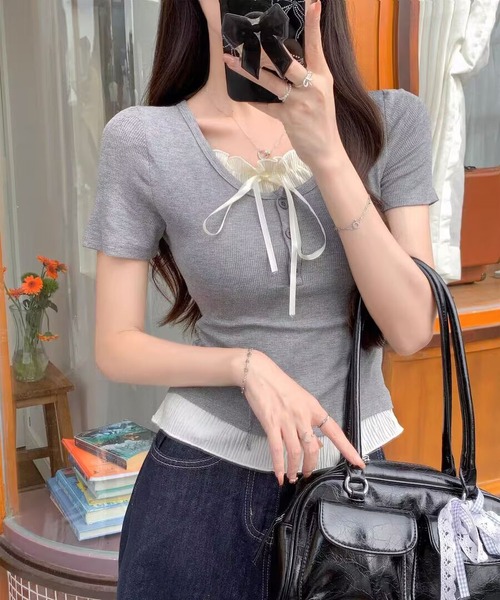 MAISON DE THERESE(メゾン ド テレーズ)の「パッド付きフェイクツーウェイ タイアップ スクエアショルダーTシャツ(Tシャツ/カットソー・レディース・グレー/ブラック/アイボリー・S/M/L)」の5枚目の写真