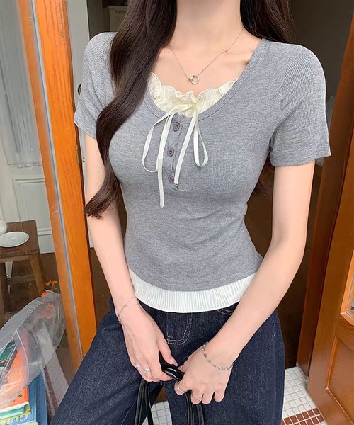 MAISON DE THERESE(メゾン ド テレーズ)の「パッド付きフェイクツーウェイ タイアップ スクエアショルダーTシャツ(Tシャツ/カットソー・レディース・グレー/ブラック/アイボリー・S/M/L)」の6枚目の写真