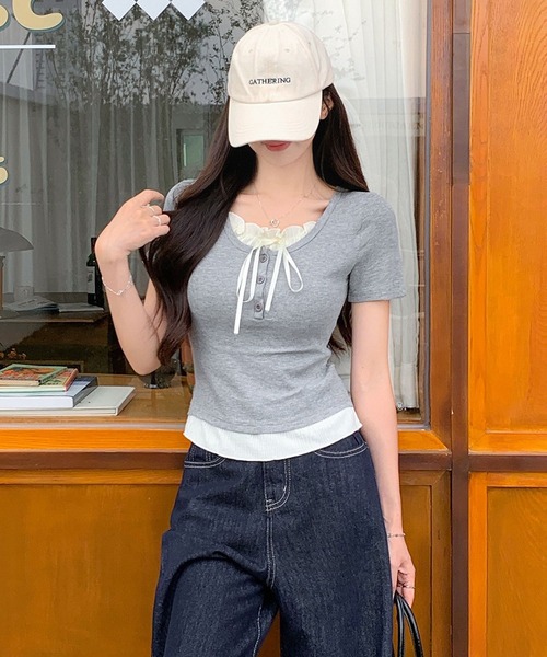 MAISON DE THERESE(メゾン ド テレーズ)の「パッド付きフェイクツーウェイ タイアップ スクエアショルダーTシャツ(Tシャツ/カットソー・レディース・グレー/ブラック/アイボリー・S/M/L)」の10枚目の写真