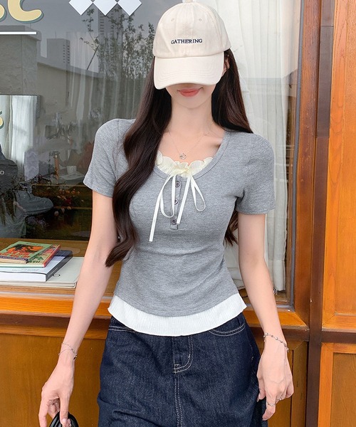 MAISON DE THERESE(メゾン ド テレーズ)の「パッド付きフェイクツーウェイ タイアップ スクエアショルダーTシャツ(Tシャツ/カットソー・レディース・グレー/ブラック/アイボリー・S/M/L)」の11枚目の写真