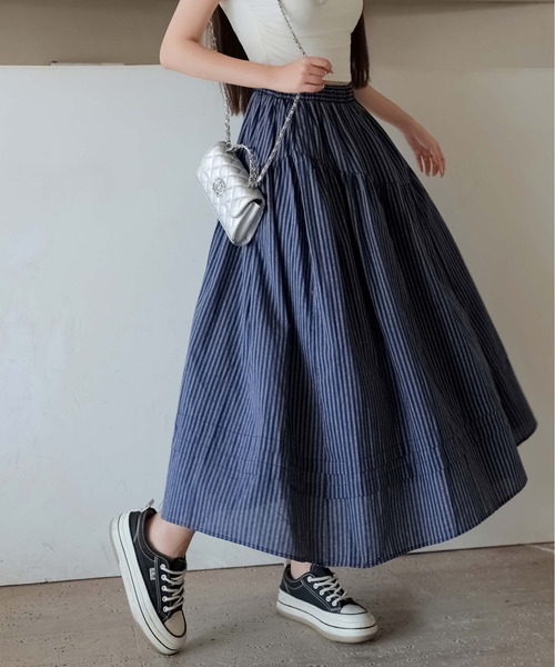 プトマヨ フレアスカート　グレー系ストライプ 洗える】ストライプ柄プリーツスカート(ロング・マキシ丈