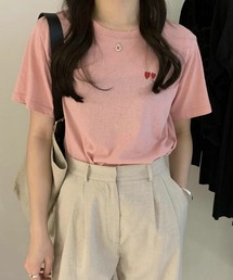 ハート 刺繍 クルーネック 半袖 Tシャツ