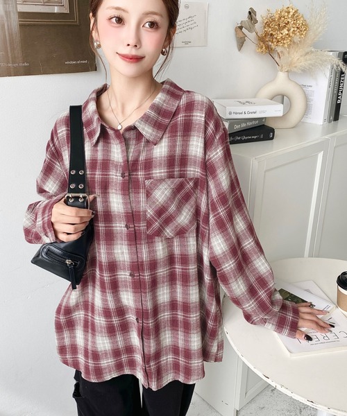 moment+(モーメントプラス)の「マルチウェイ長袖ルーズチェックシャツ(シャツ/ブラウス・レディース・アイボリー/ブラック/グレー/ベージュ/ブラウン/ボルドー・M/L)」の6枚目の写真