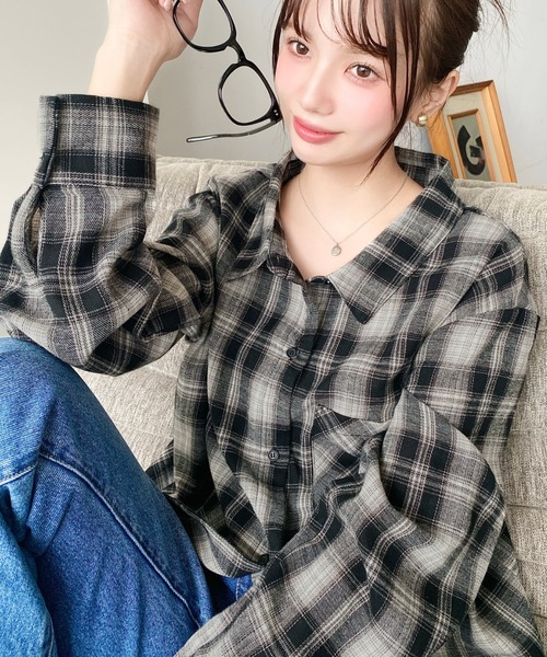moment+(モーメントプラス)の「マルチウェイ長袖ルーズチェックシャツ(シャツ/ブラウス・レディース・アイボリー/ブラック/グレー/ベージュ/ブラウン/ボルドー・M/L)」の7枚目の写真