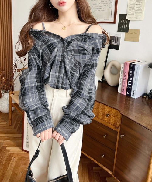 moment+(モーメントプラス)の「マルチウェイ長袖ルーズチェックシャツ(シャツ/ブラウス・レディース・アイボリー/ブラック/グレー/ベージュ/ブラウン/ボルドー・M/L)」の9枚目の写真