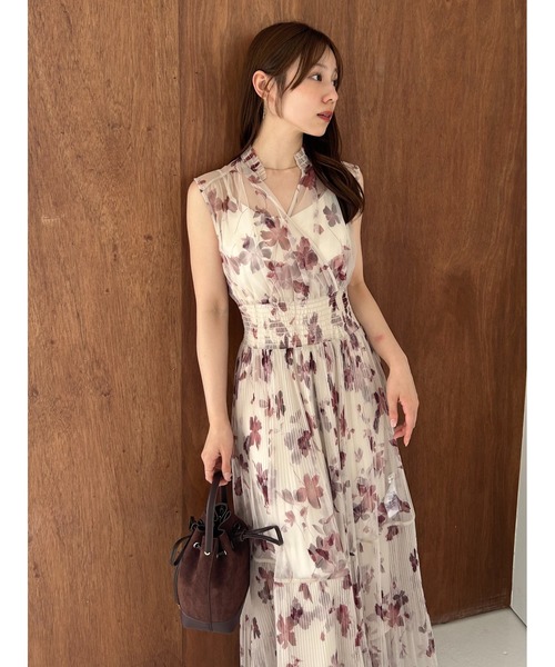 【新品】FRAY I.D シアーフラワープリーツワンピース BEG 1 00サイズ】シアーフラワープリーツワンピース（マキシ丈/ロング