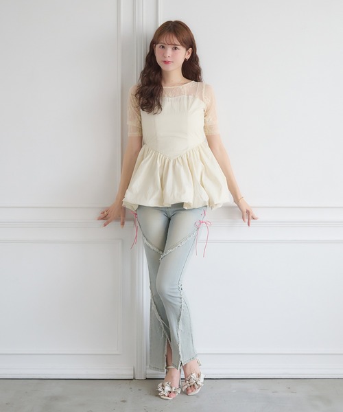 Ambre Neige(アンブルネージュ)の「lace switching balloon tops / レースキリカエバルーントップス(Tシャツ/カットソー・レディース・ブラック/アイボリー・FREE)」の6枚目の写真