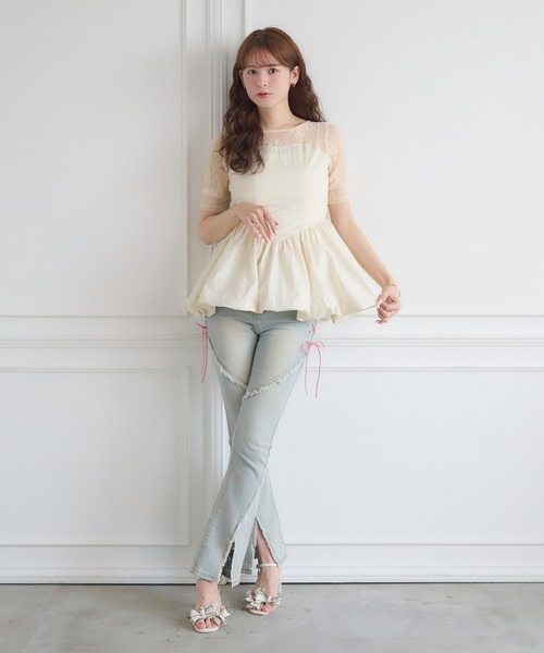 Ambre Neige(アンブルネージュ)の「lace switching balloon tops / レースキリカエバルーントップス(Tシャツ/カットソー・レディース・ブラック/アイボリー・FREE)」の7枚目の写真