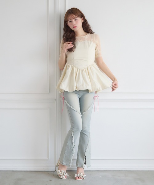 Ambre Neige(アンブルネージュ)の「lace switching balloon tops / レースキリカエバルーントップス(Tシャツ/カットソー・レディース・ブラック/アイボリー・FREE)」の9枚目の写真