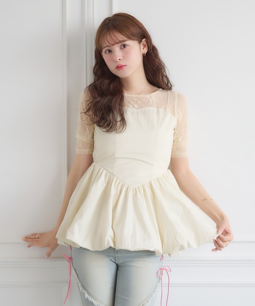 Ambre Neige(アンブルネージュ)の「lace switching balloon tops / レースキリカエバルーントップス(Tシャツ/カットソー・レディース・ブラック/アイボリー・FREE)」の3枚目の写真