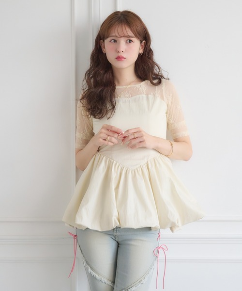 Ambre Neige(アンブルネージュ)の「lace switching balloon tops / レースキリカエバルーントップス(Tシャツ/カットソー・レディース・ブラック/アイボリー・FREE)」の5枚目の写真
