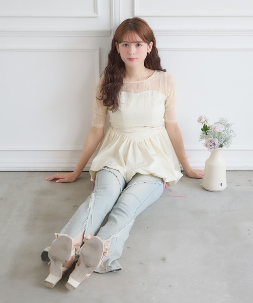 Ambre Neige(アンブルネージュ)の「lace switching balloon tops / レースキリカエバルーントップス(Tシャツ/カットソー・レディース・ブラック/アイボリー・FREE)」の10枚目の写真