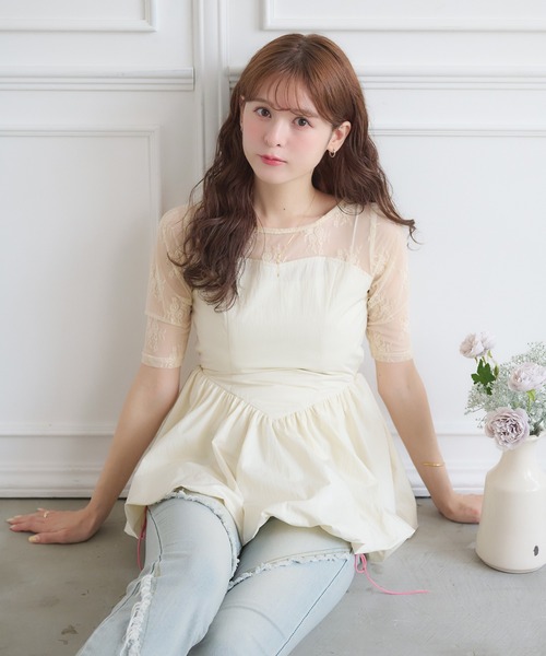 Ambre Neige(アンブルネージュ)の「lace switching balloon tops / レースキリカエバルーントップス(Tシャツ/カットソー・レディース・ブラック/アイボリー・FREE)」の11枚目の写真
