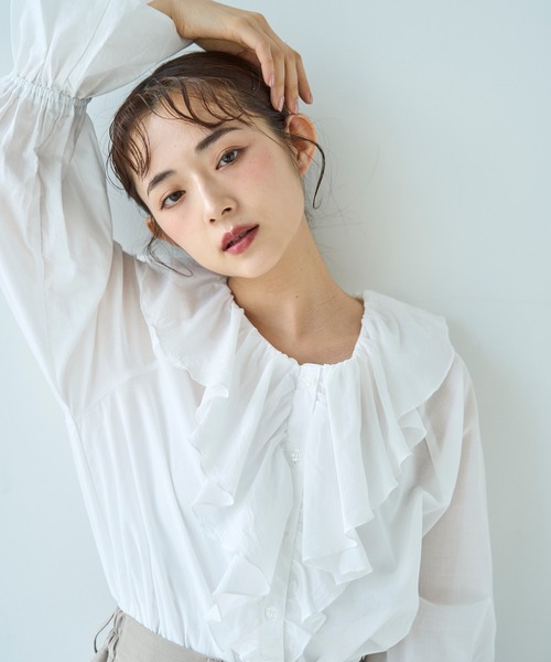 セール】ラッフルフリルカラー コットンブラウス【588089】（シャツ