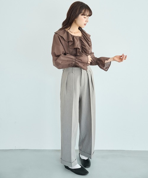 mil（ミル）の「ラッフルフリルカラー コットンブラウス【588089】（シャツ/ブラウス・レディース・オフホワイト/チャコールグレー/ブラウン・ONE SIZE）」の14枚目の写真