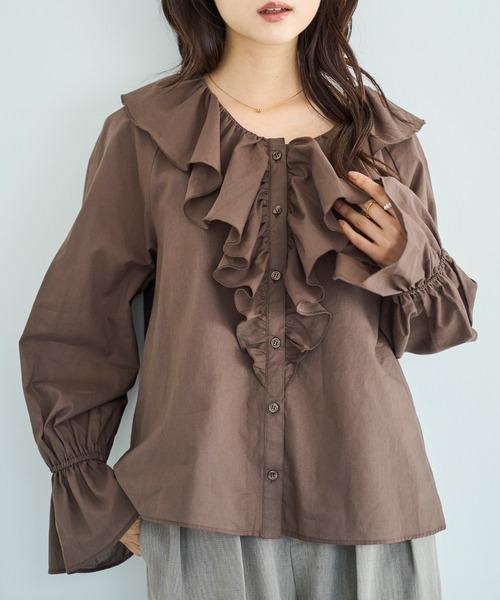 mil（ミル）の「ラッフルフリルカラー コットンブラウス【588089】（シャツ/ブラウス・レディース・オフホワイト/チャコールグレー/ブラウン・ONE SIZE）」の18枚目の写真