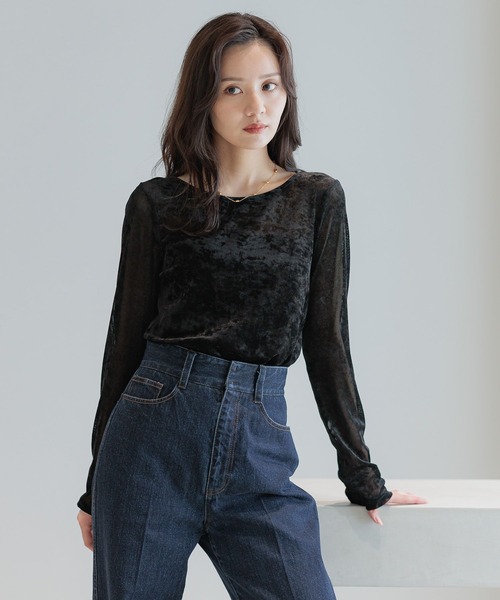 Andemiu（アンデミュウ）の「メッシュベロアトップス589856（Tシャツ/カットソー・レディース・グレー/アイボリー/ブラック/ボルドー・FREE）」の2枚目の写真