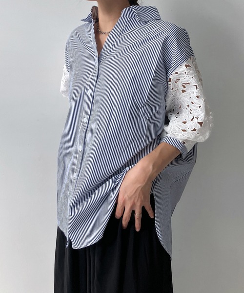 AS KNOW AS plus（アズノゥアズプラス）の「♪袖レース5分袖スキッパーシャツ（シャツ/ブラウス・レディース・ネイビー系/チャコールグレー/オフホワイト/ライトカーキ/ブルー系/ブラウン系・FREE）」の7枚目の写真