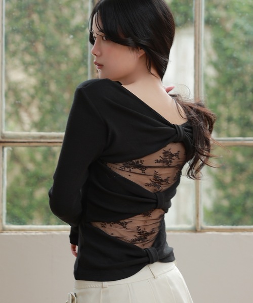 M DOLLY(エムドリー)の「back ribbon lace velata tops/バックリボンレースヴェラータトップス(Tシャツ/カットソー・レディース・ホワイト/ブラック・FREE)」の10枚目の写真