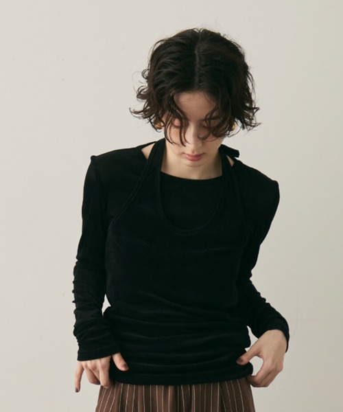 Trish（トリッシュ）の「シアーフロッキーホルターネックレイヤードロンT（Tシャツ/カットソー・レディース・グレー/ブラウン/ホワイト/ブラック・MEDIUM）」の3枚目の写真