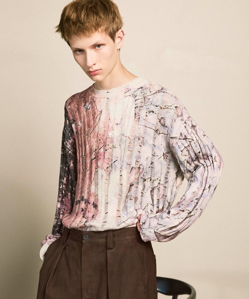 UNISEX》Wall Art Print Damage Knit Pullover/ウォールアートプリント