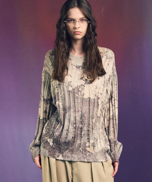 UNISEX》Wall Art Print Damage Knit Pullover/ウォールアートプリント