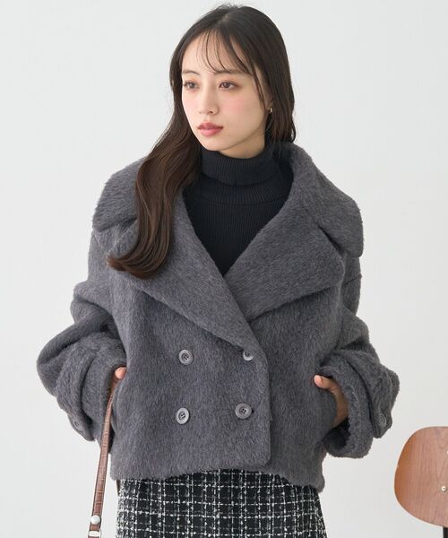 earth music&ecology（アースミュージックアンドエコロジー）の「【WEB限定】シャギーショートコート（ブルゾン・レディース・チャコールグレー/アイボリー/ベージュ/チェック・FREE）」の13枚目の写真