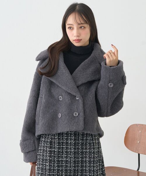 earth music&ecology（アースミュージックアンドエコロジー）の「【WEB限定】シャギーショートコート（ブルゾン・レディース・チャコールグレー/アイボリー/ベージュ/チェック・FREE）」の14枚目の写真